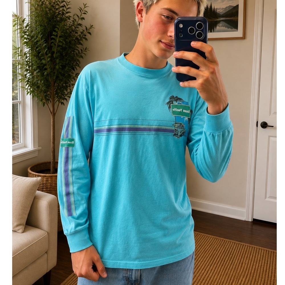 Vintage Ocean Pacific OP Long Sleeve T-Shirt Turquoise Blue 90s Surf Graphic L